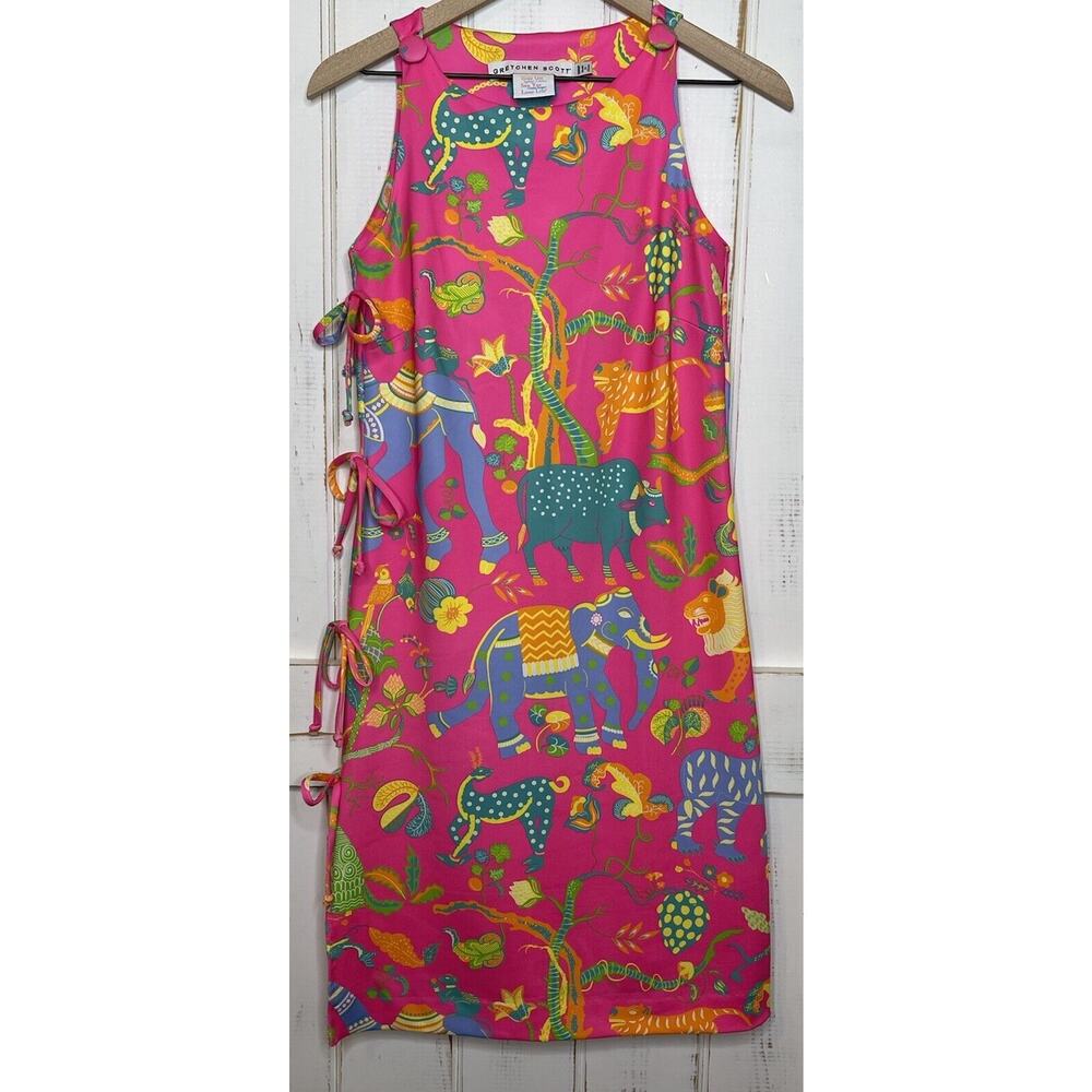 Gretchen Scott Animal Kingdom India Side Tie Dress Bold Colorful XXS 0/2 Shrimp